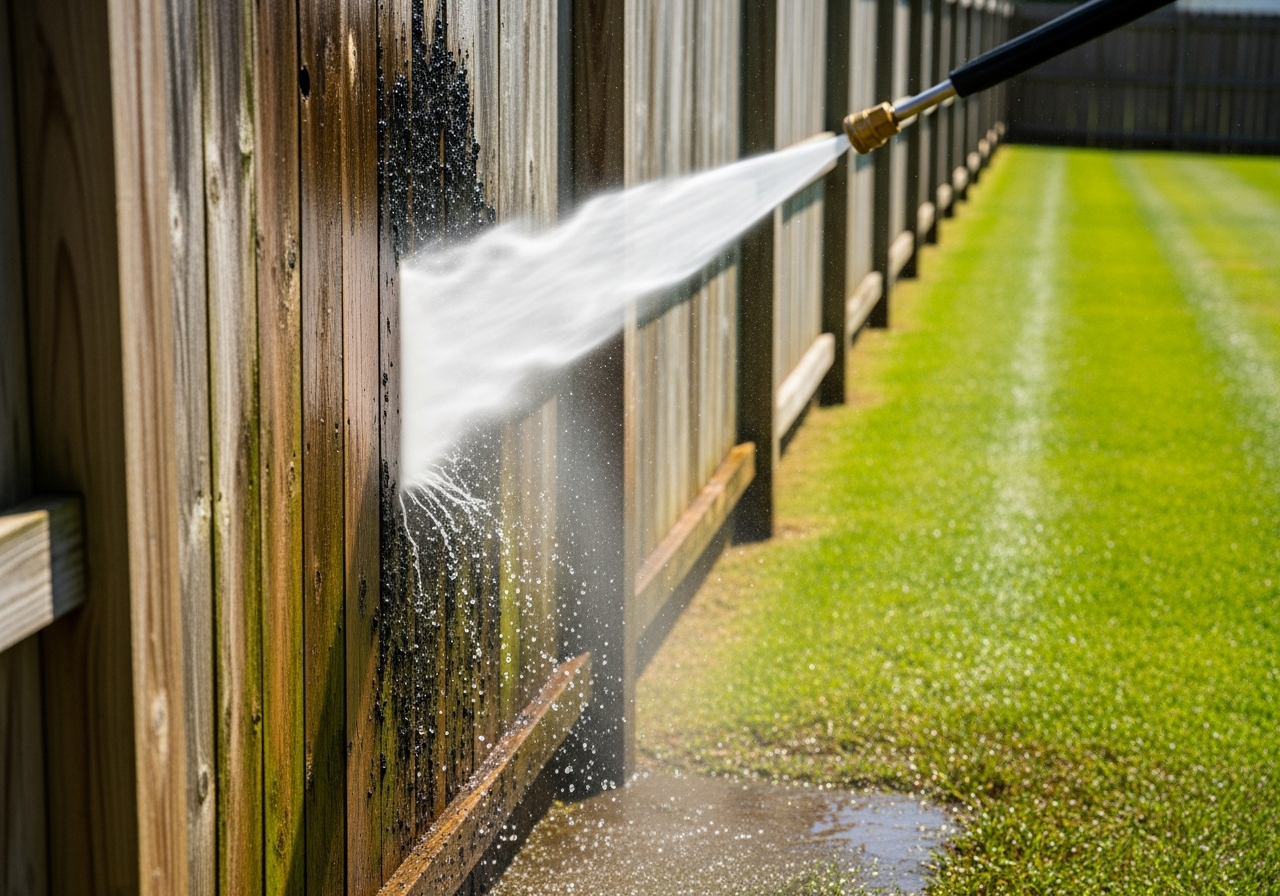 Fence washing - removing mold and algae from wood fence